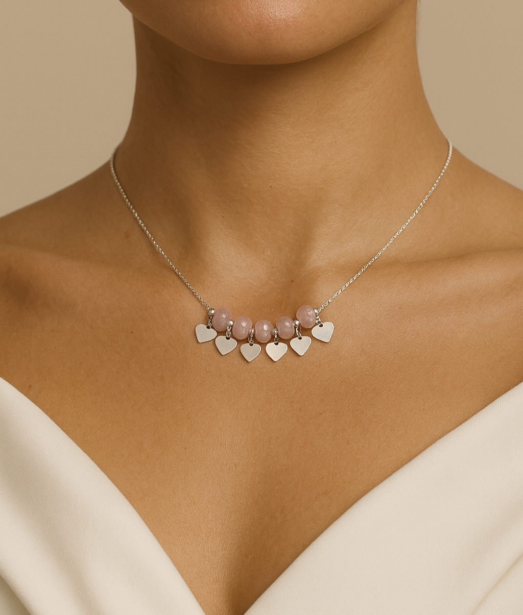 Colier argint și jad cu charms inimioare