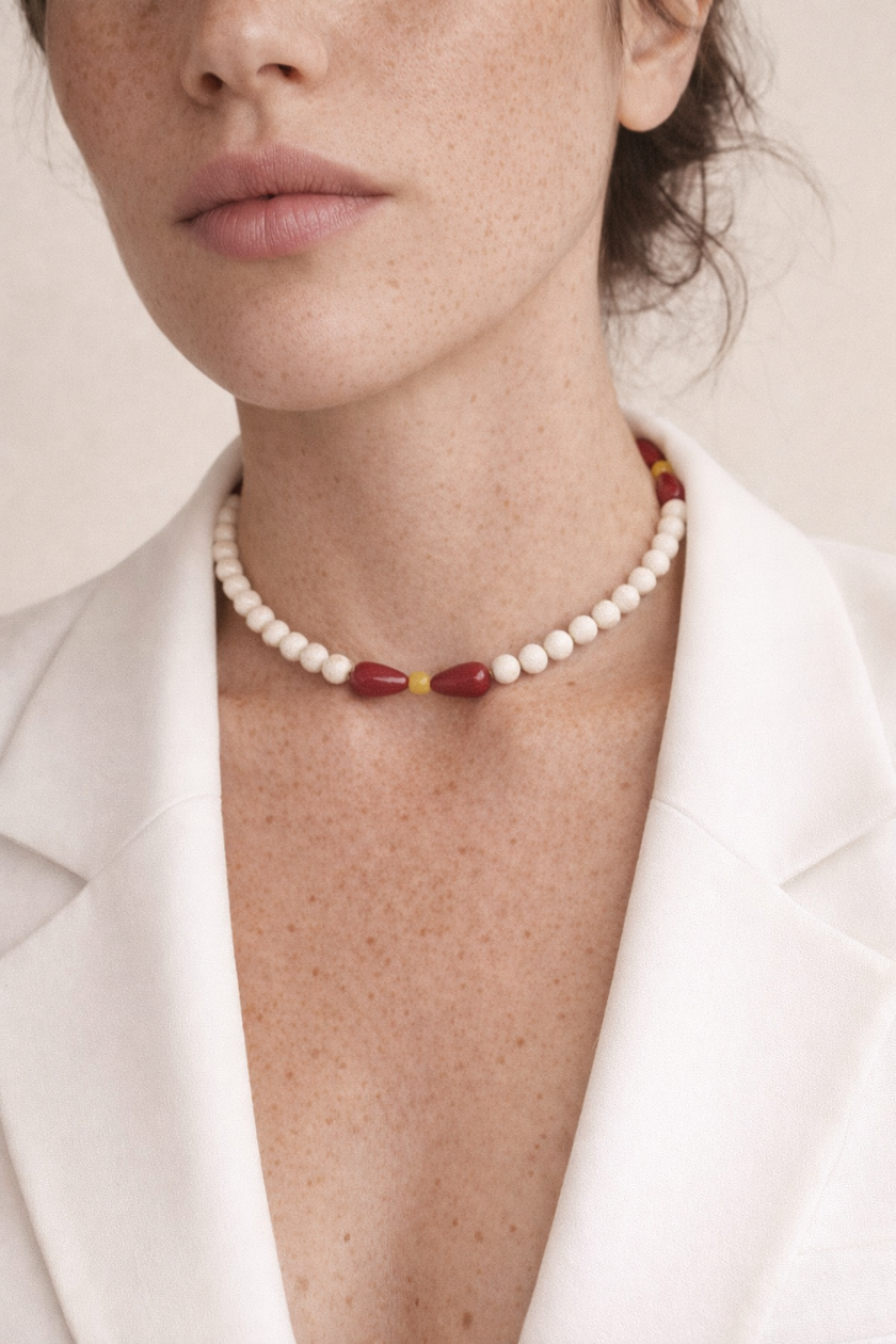 Choker din argint 925 cu coral si jad | Petalia