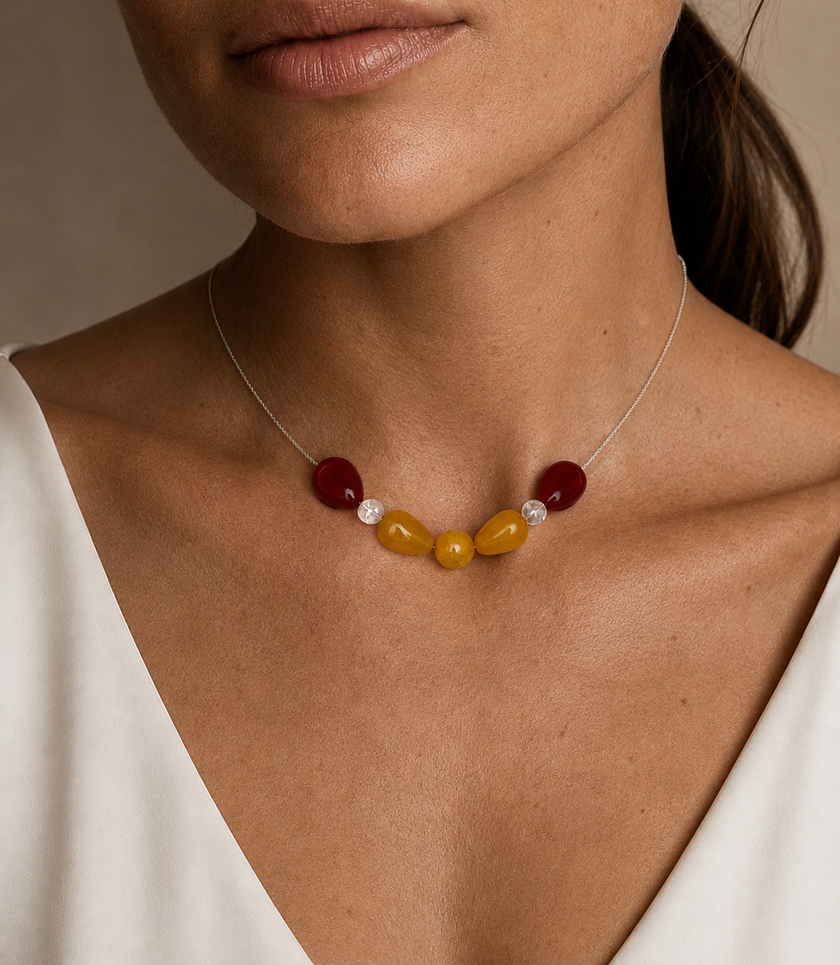 Colier din argint 925 cu  jad, agate și cristal de stâncǎ | Flora Ignis