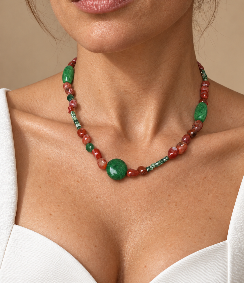 Colier din argint 925 cu jad şi agate | Virenza