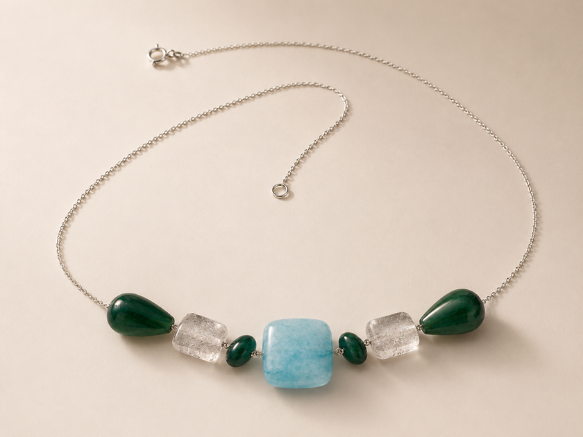 Colier din argint 925 cu angelit, jad, cristal de stâncǎ | Aqualis