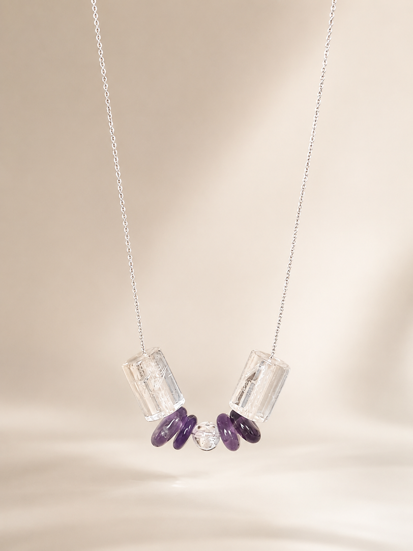 Colier din argint 925 cu cristal de stâncǎ și ametist | Lumen Amethysti