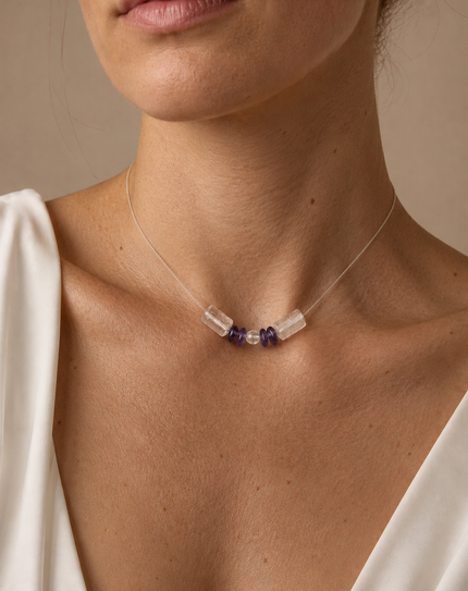 Colier din argint 925 cu cristal de stâncǎ și ametist | Lumen Amethysti