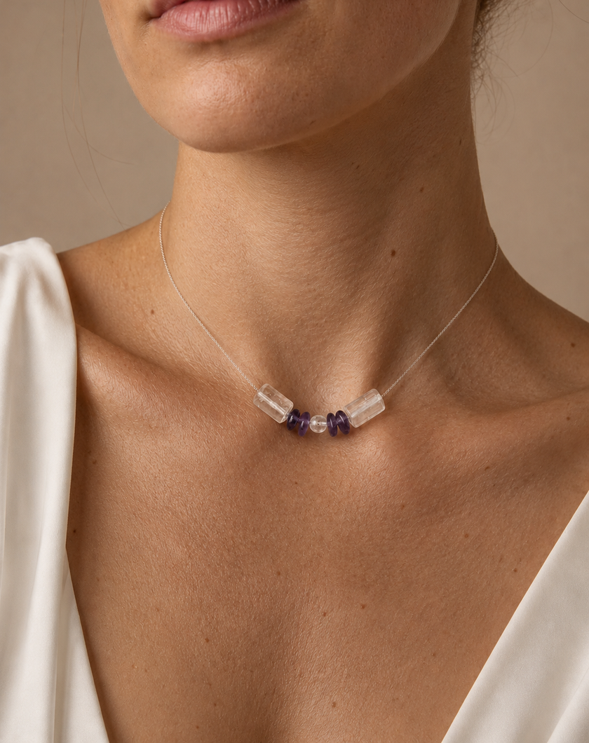 Colier din argint 925 cu cristal de stâncǎ și ametist | Lumen Amethysti