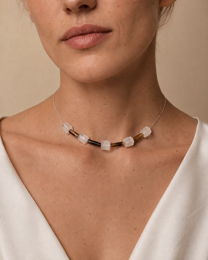 Colier din argint 925 cu cristal de stâncǎ şi jad | Terra Lucis