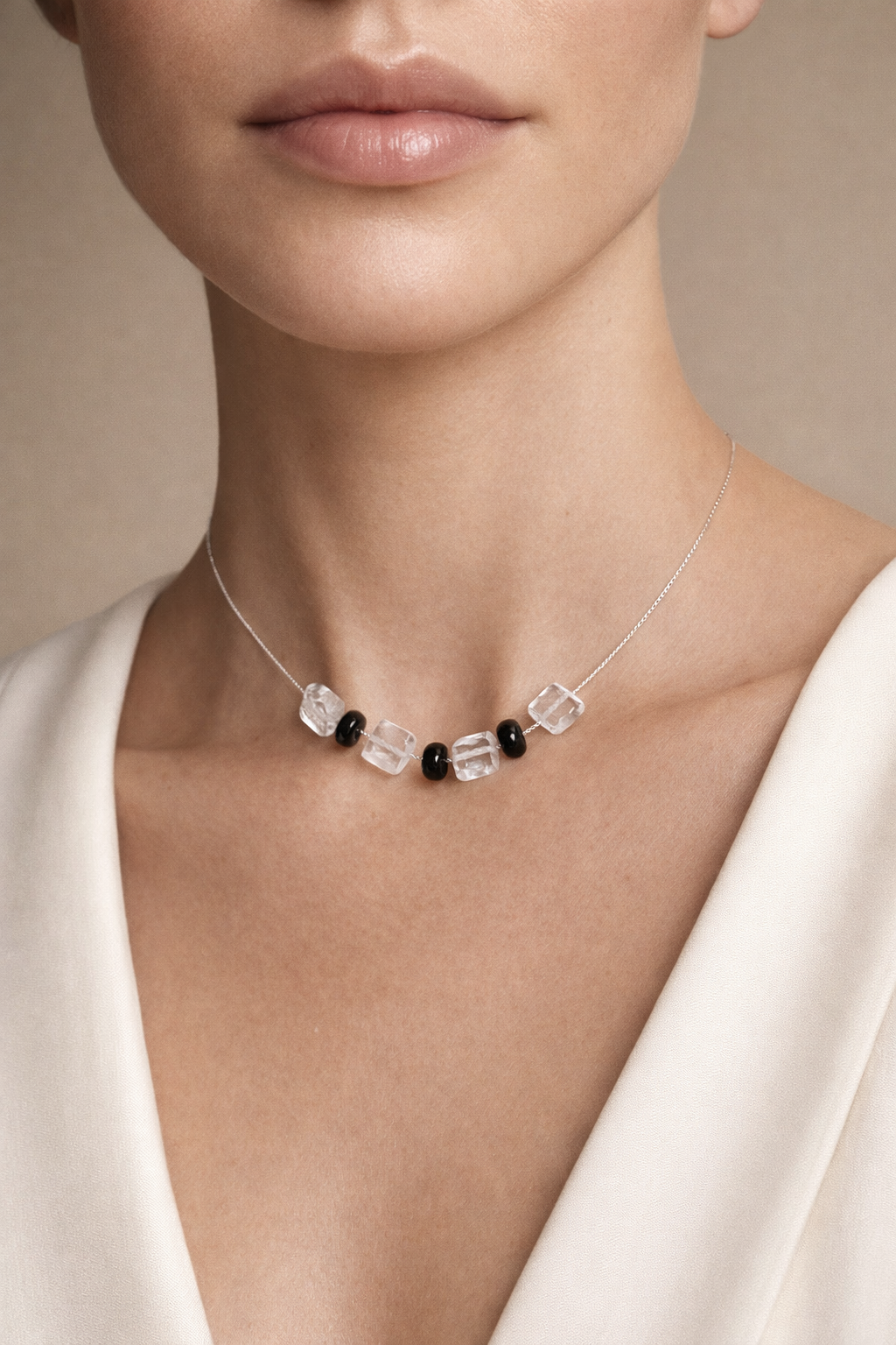Colier din argint 925 cu cristal si onix | Eclipsis Alba