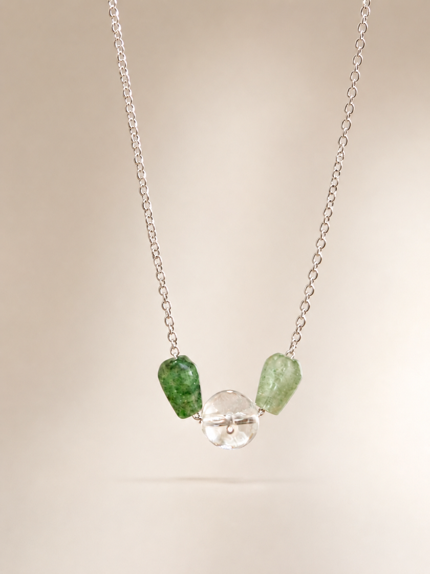 Colier din argint 925 cu cristal de stâncă și picături de cuarț verde |  Nympha
