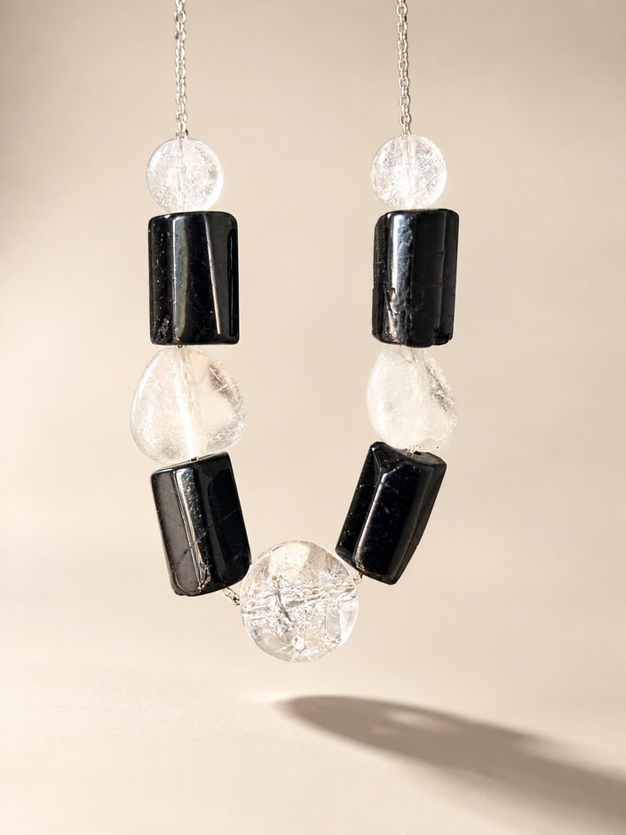 Colier din argint 925 cu turmalină neagră şi  cristal de stâncă natural | Eclipse