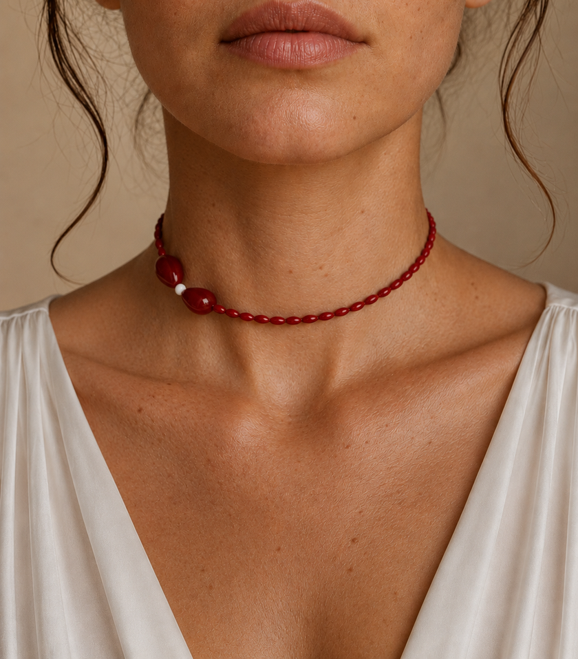 Choker din argint 925 cu coral si jad | Flora Rosso