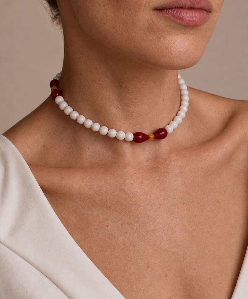 Choker din argint 925 cu coral si jad | Petalia