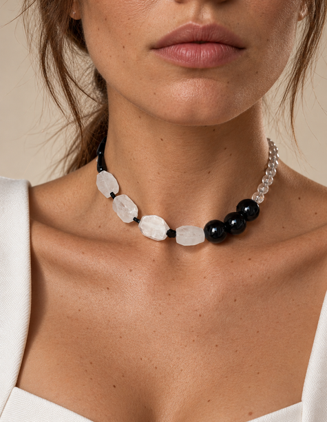 Choker din argint 925 cu onix natural și cristal de stâncă | Noctis