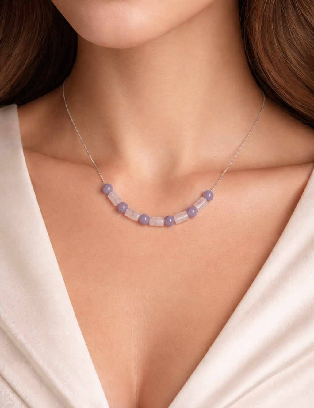 Colier din argint 925 cu jad si cuarț roz si jad lila | Aera