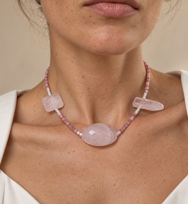 Choker din argint 925 cu  cuarț, zirconiu şi rodonit | Rosalia
