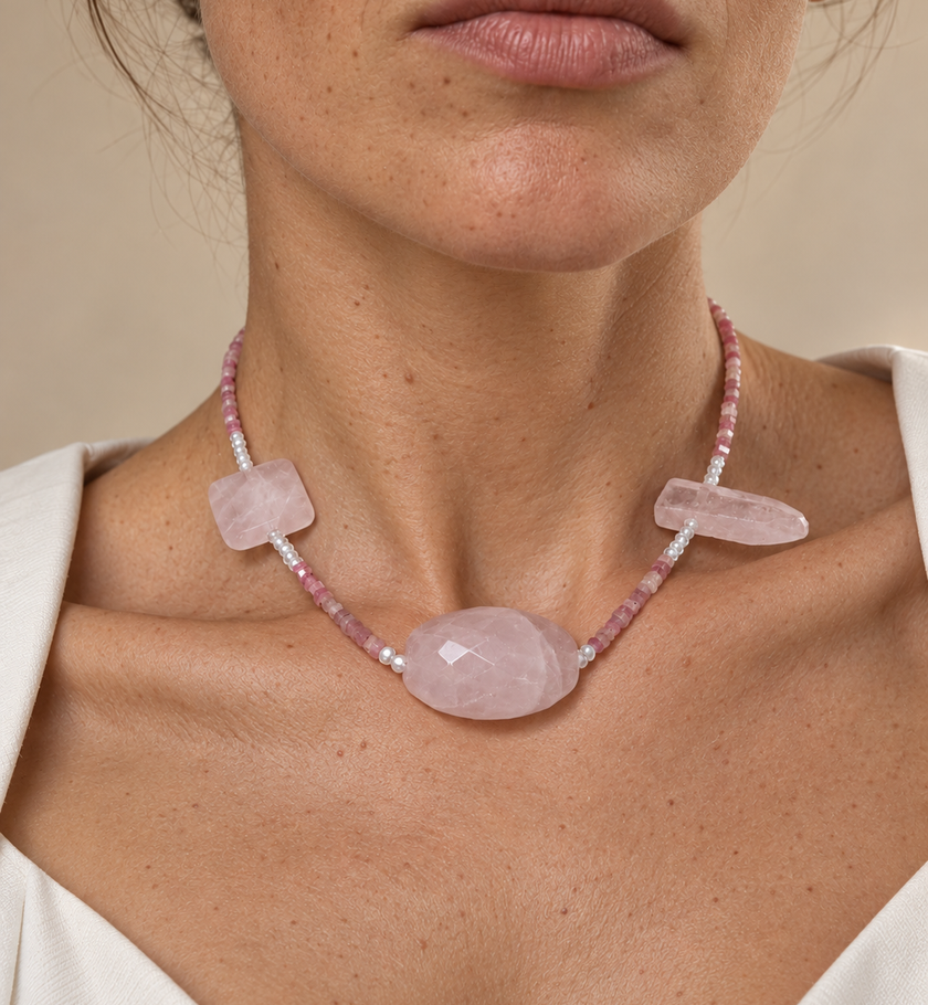 Choker din argint 925 cu  cuarț, zirconiu şi rodonit | Rosalia