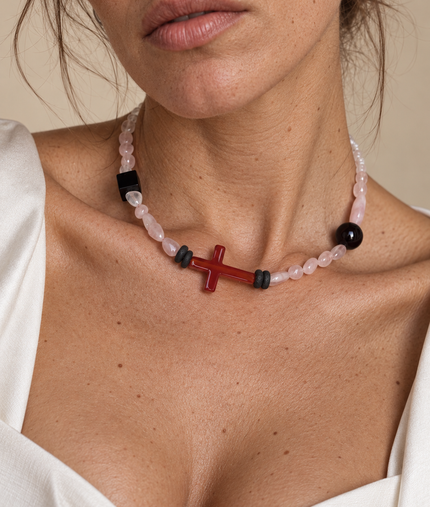 Choker din argint 925 cu  lavă, cuarț, onix, cristal de stâncă și carneol | Fuego