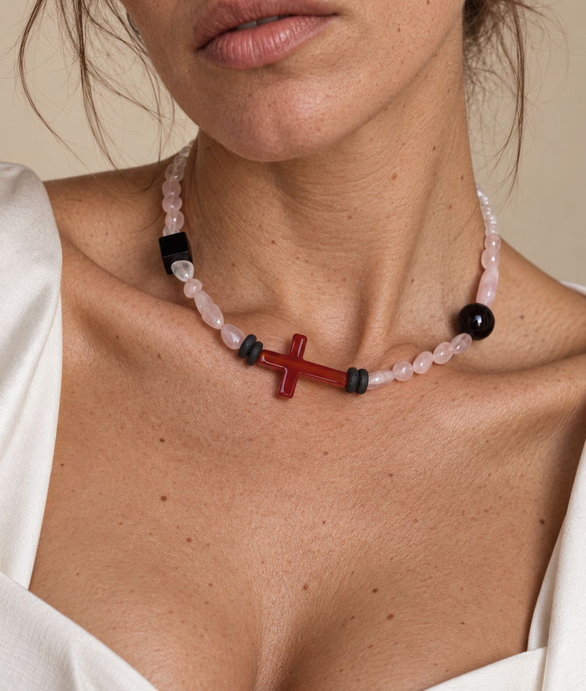 Choker din argint 925 cu  lavă, cuarț, onix, cristal de stâncă și carneol | Fuego