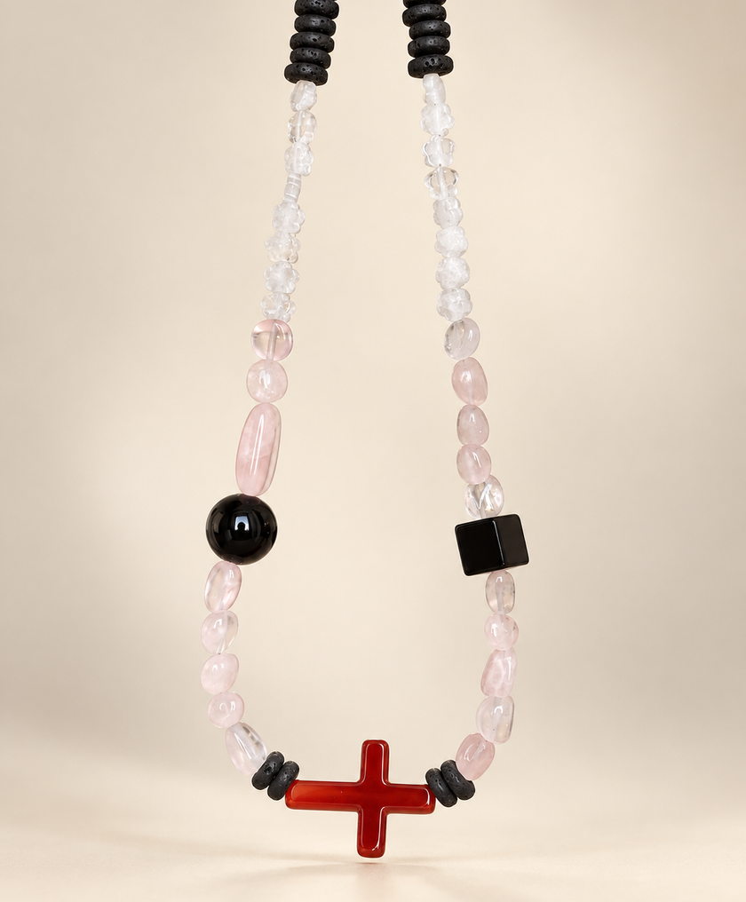 Choker din argint 925 cu  lavă, cuarț, onix, cristal de stâncă și carneol | Fuego