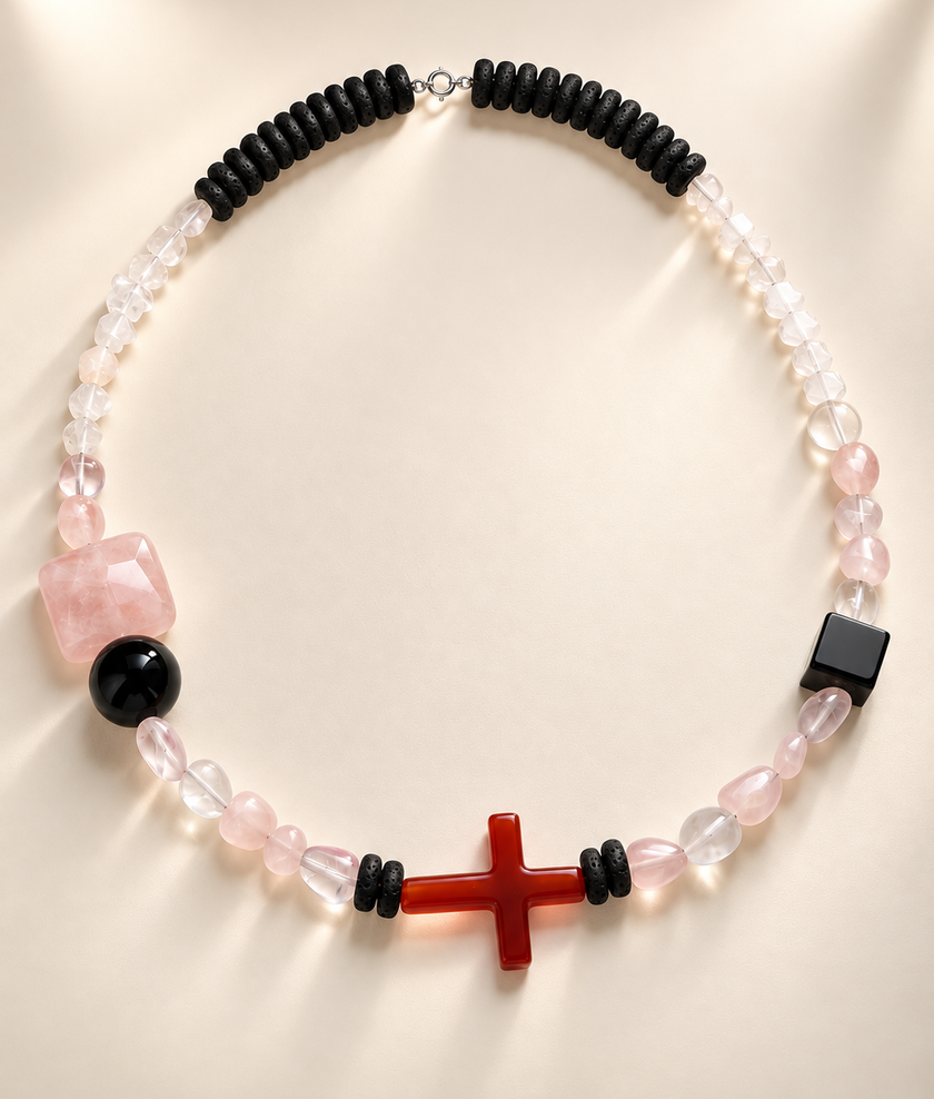 Choker din argint 925 cu  lavă, cuarț, onix, cristal de stâncă și carneol | Fuego